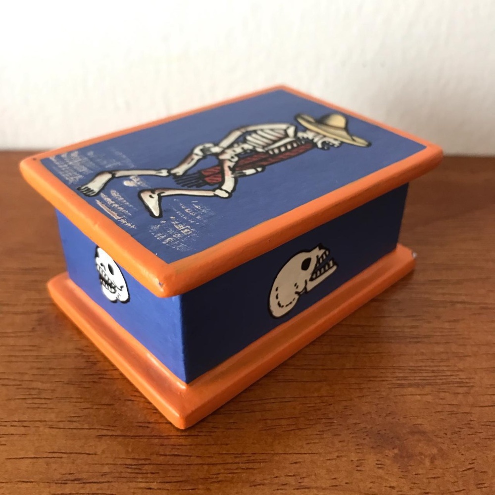 Día de los Muertos Day of the Dead blue and orange wood box